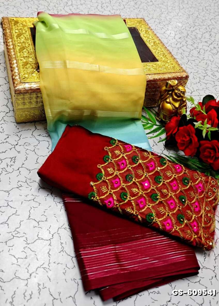 GEORGETTE FANCY SOFT SILK SAREES WITH BLOUSE MODERN FANCY ITEM SAREES - LIGHT GREEN (2)