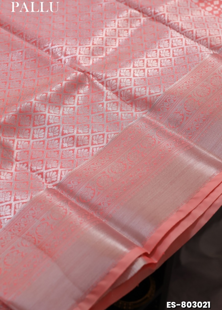 BRIDAL SILK GOLD SILVAR AND COPPER ZARI WEAVE AND WEDDING ART SILK SAREES - BABY PINK (8)