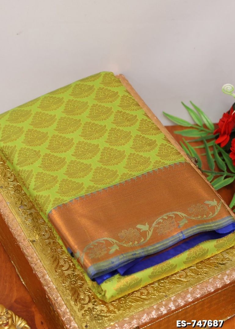 BRIDAL SILK GOLD SILVAR AND COPPER ZARI WEAVE AND WEDDING ART SILK SAREES - FLORAISON GREEN (6)