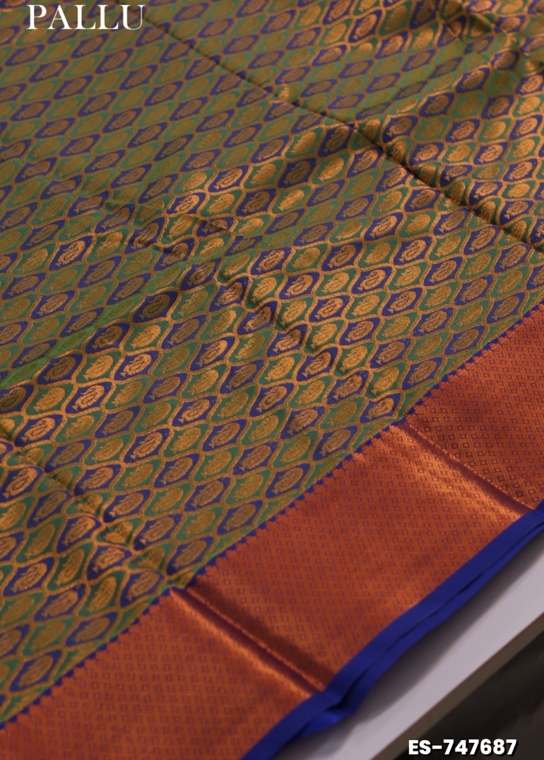 BRIDAL SILK GOLD SILVAR AND COPPER ZARI WEAVE AND WEDDING ART SILK SAREES - FLORAISON GREEN (6)