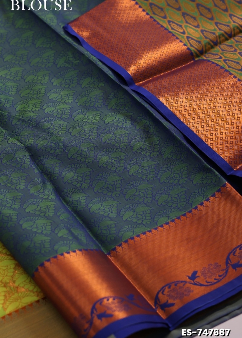 BRIDAL SILK GOLD SILVAR AND COPPER ZARI WEAVE AND WEDDING ART SILK SAREES - FLORAISON GREEN (6)