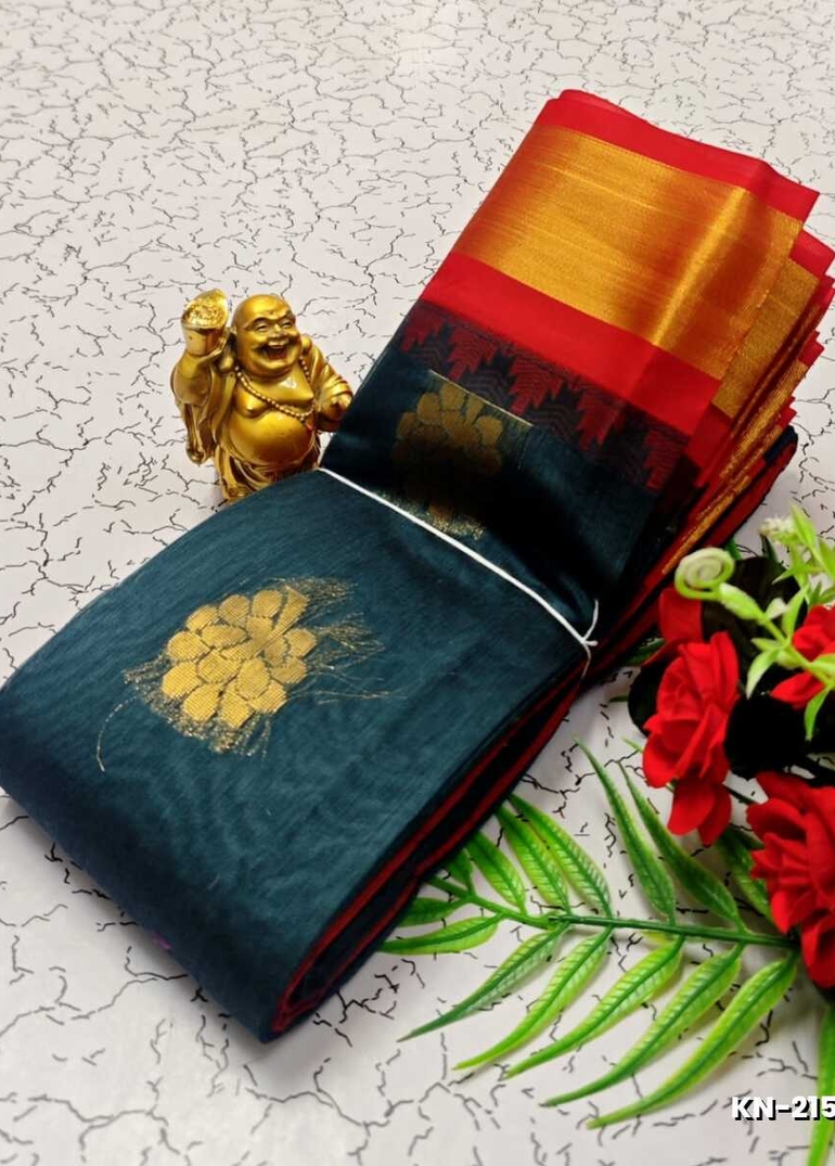 Korvai kotanji Trendy & Fancy bhutta and 2/100 Silk Cotton Sarees Function wear - PEACKOK BLUE