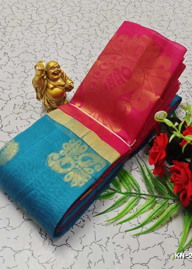 Korvai kotanji Trendy & Fancy bhutta and 2/100 Silk Cotton Sarees Function wear - SKY BLUE