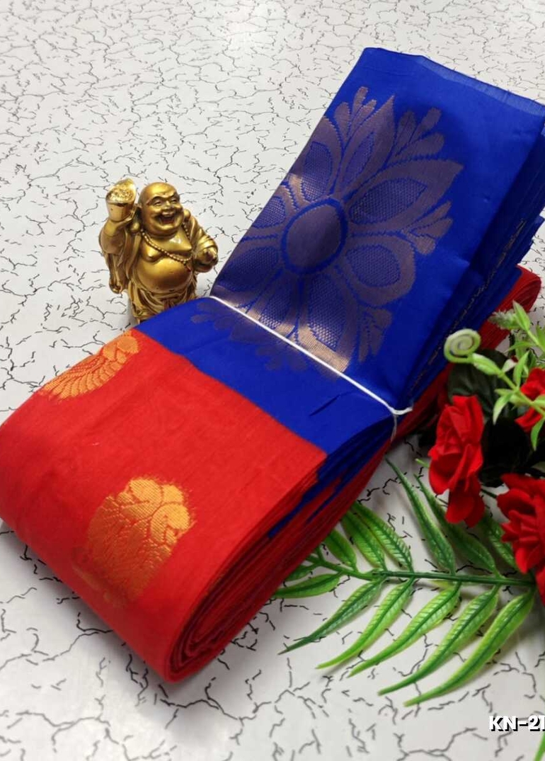 Korvai kotanji Trendy & Fancy bhutta and 2/100 Silk Cotton Sarees Function wear - TOMATO COLOUR