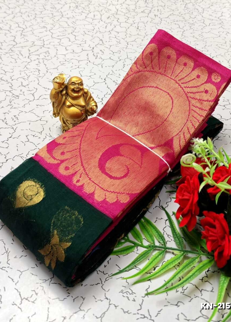 Korvai kotanji Trendy & Fancy bhutta and 2/100 Silk Cotton Sarees Function wear - BOTTLE GREEN