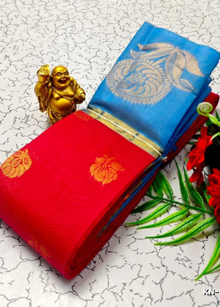 Korvai kotanji Trendy & Fancy bhutta and 2/100 Silk Cotton Sarees Function wear - TOMATO COLOUR (1)