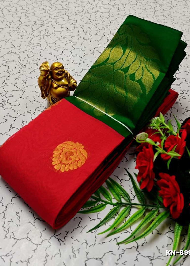 Korvai kotanji Trendy & Fancy bhutta and 2/100 Silk Cotton Sarees Function wear - TOMATO COLOUR (2)