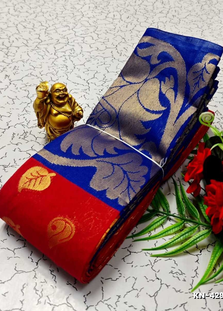 Korvai kotanji Trendy & Fancy bhutta and 2/100 Silk Cotton Sarees Function wear - TOMATO COLOUR (5)