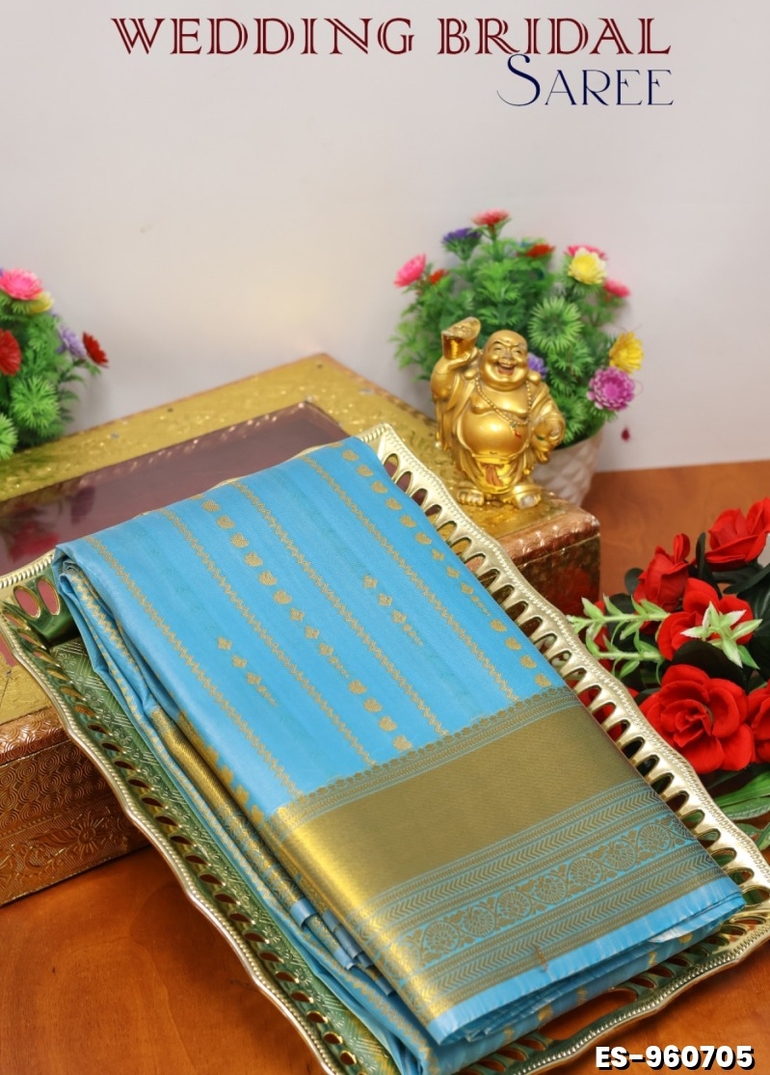 BRIDAL SILK GOLD SILVAR AND COPPER ZARI WEAVE AND WEDDING ART SILK SAREES - SKY BLUE