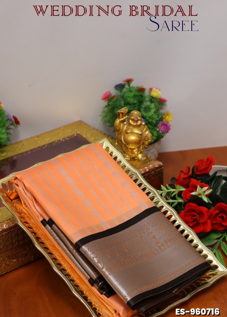 BRIDAL SILK GOLD SILVAR AND COPPER ZARI WEAVE AND WEDDING ART SILK SAREES - ORANGE (4)