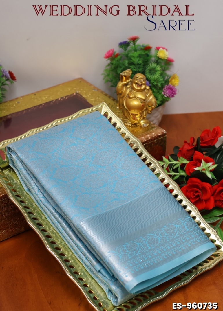 BRIDAL SILK GOLD SILVAR AND COPPER ZARI WEAVE AND WEDDING ART SILK SAREES - DARK SKY BLUE (1)