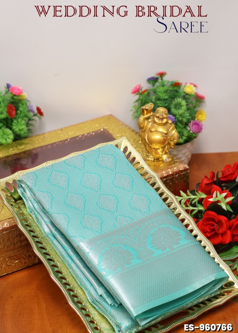 BRIDAL SILK GOLD SILVAR AND COPPER ZARI WEAVE AND WEDDING ART SILK SAREES - TUQUOISE (1)