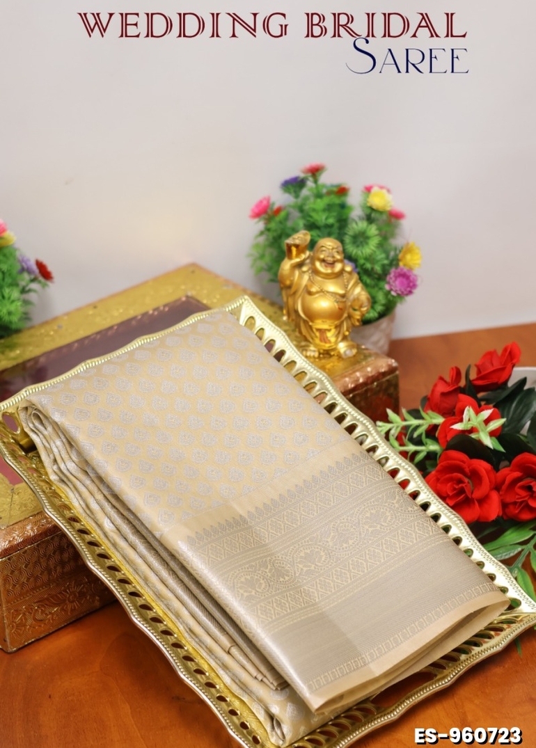 BRIDAL SILK GOLD SILVAR AND COPPER ZARI WEAVE AND WEDDING ART SILK SAREES - LIGHT SANDLE (5)