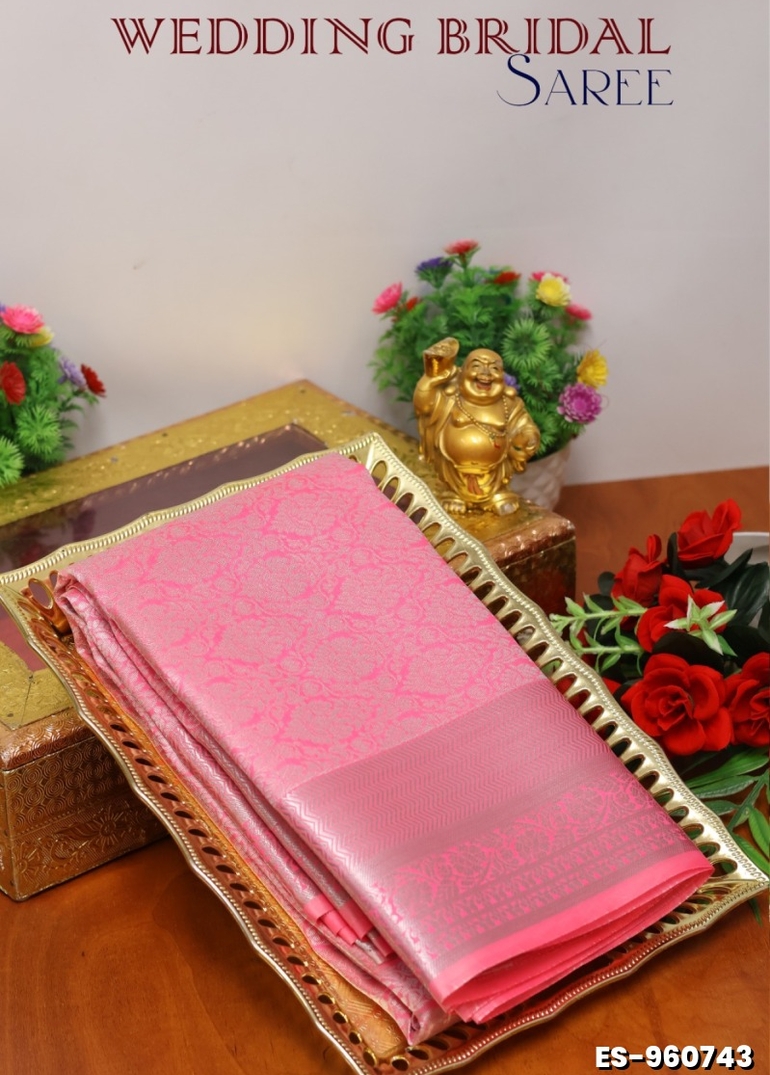 BRIDAL SILK GOLD SILVAR AND COPPER ZARI WEAVE AND WEDDING ART SILK SAREES - LIGHT PINK (8)
