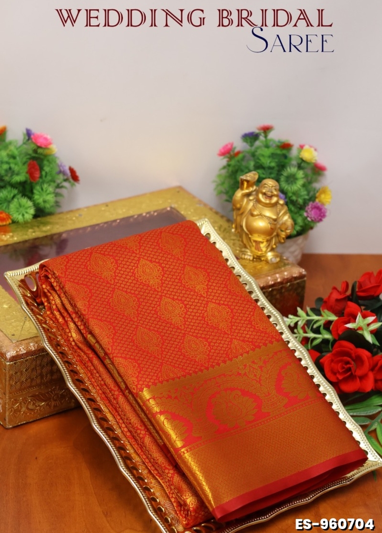 BRIDAL SILK GOLD SILVAR AND COPPER ZARI WEAVE AND WEDDING ART SILK SAREES - RED (2)