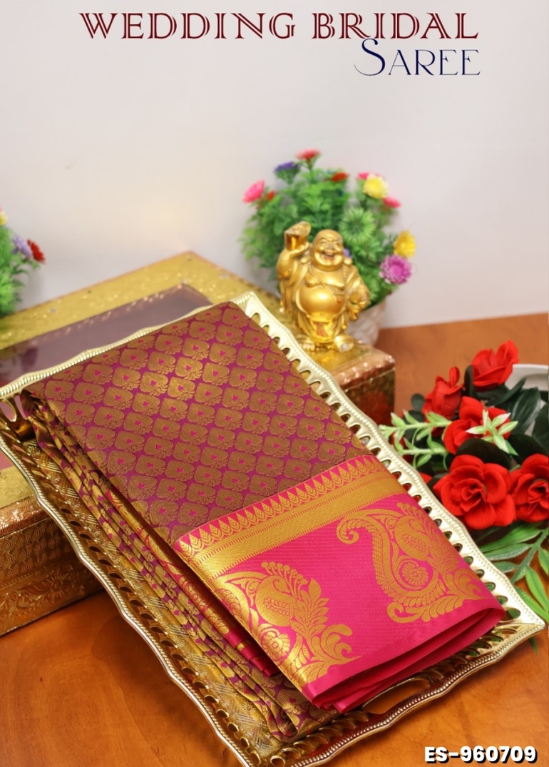 BRIDAL SILK GOLD SILVAR AND COPPER ZARI WEAVE AND WEDDING ART SILK SAREES - PURPLE COLOUR (2)