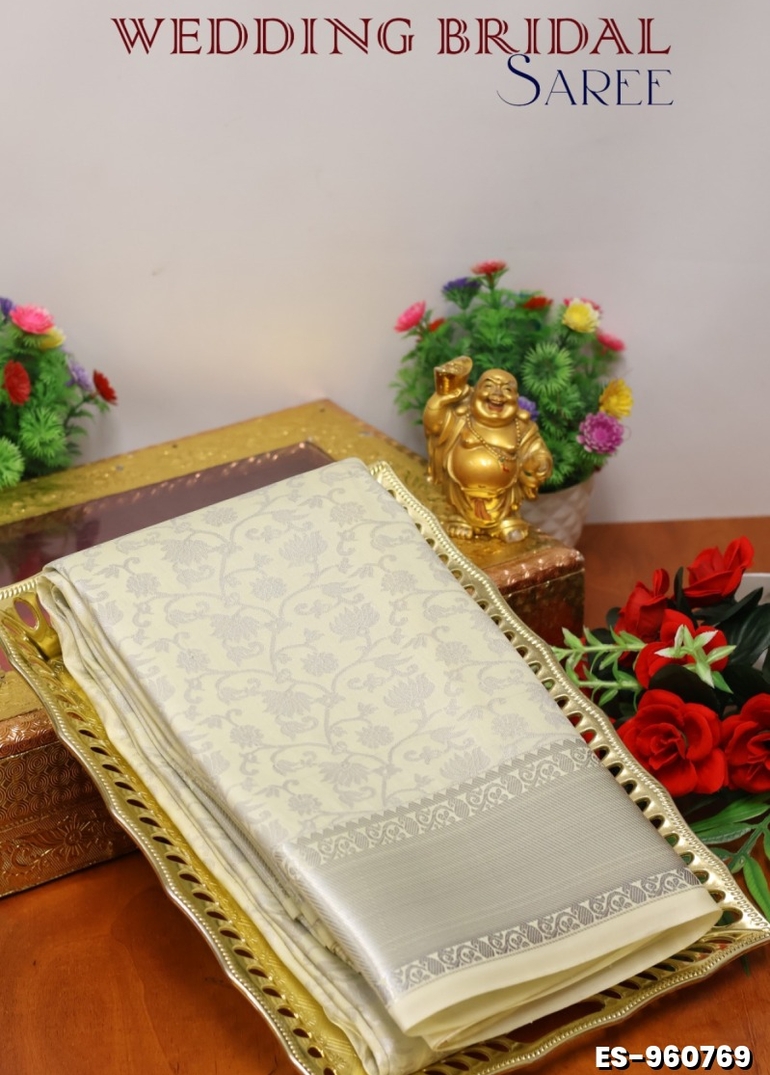 BRIDAL SILK GOLD SILVAR AND COPPER ZARI WEAVE AND WEDDING ART SILK SAREES - BEIGE COLOUR (7)