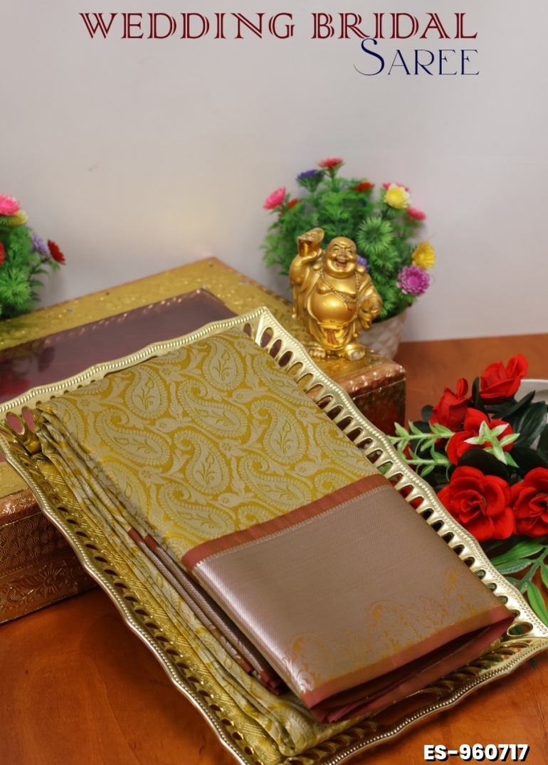 BRIDAL SILK GOLD SILVAR AND COPPER ZARI WEAVE AND WEDDING ART SILK SAREES - OLIVE GREEN (2)