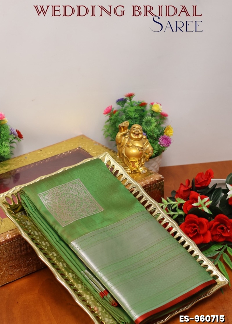 BRIDAL SILK GOLD SILVAR AND COPPER ZARI WEAVE AND WEDDING ART SILK SAREES - GREEN (2)