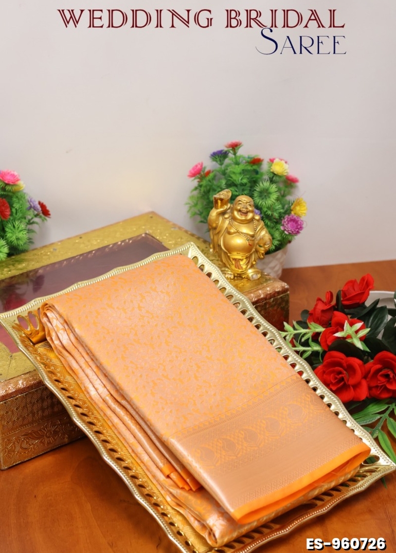 BRIDAL SILK GOLD SILVAR AND COPPER ZARI WEAVE AND WEDDING ART SILK SAREES - ORANGE N (6)
