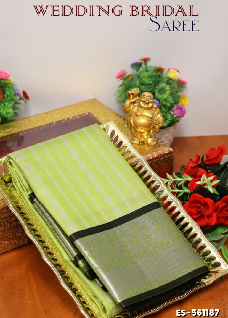 BRIDAL SILK GOLD SILVAR AND COPPER ZARI WEAVE AND WEDDING ART SILK SAREES - FLORAISON GREEN (8)