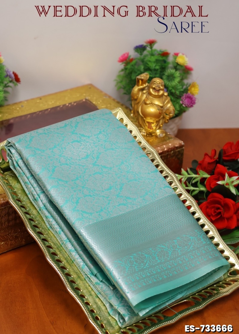 BRIDAL SILK GOLD SILVAR AND COPPER ZARI WEAVE AND WEDDING ART SILK SAREES - TUQUOISE (3)