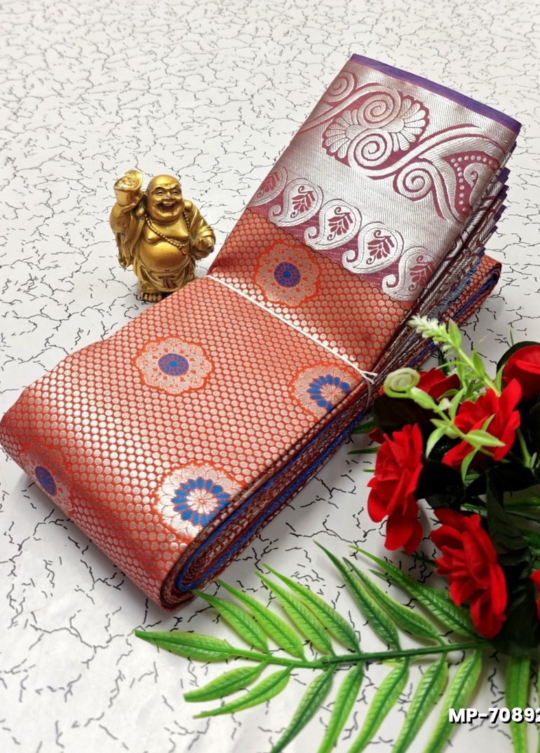 BRIDAL SILK GOLD SILVAR AND COPPER ZARI WEAVE AND WEDDING ART SILK SUBA MUHURTHA PATTU SAREES - ORANGE N (1)