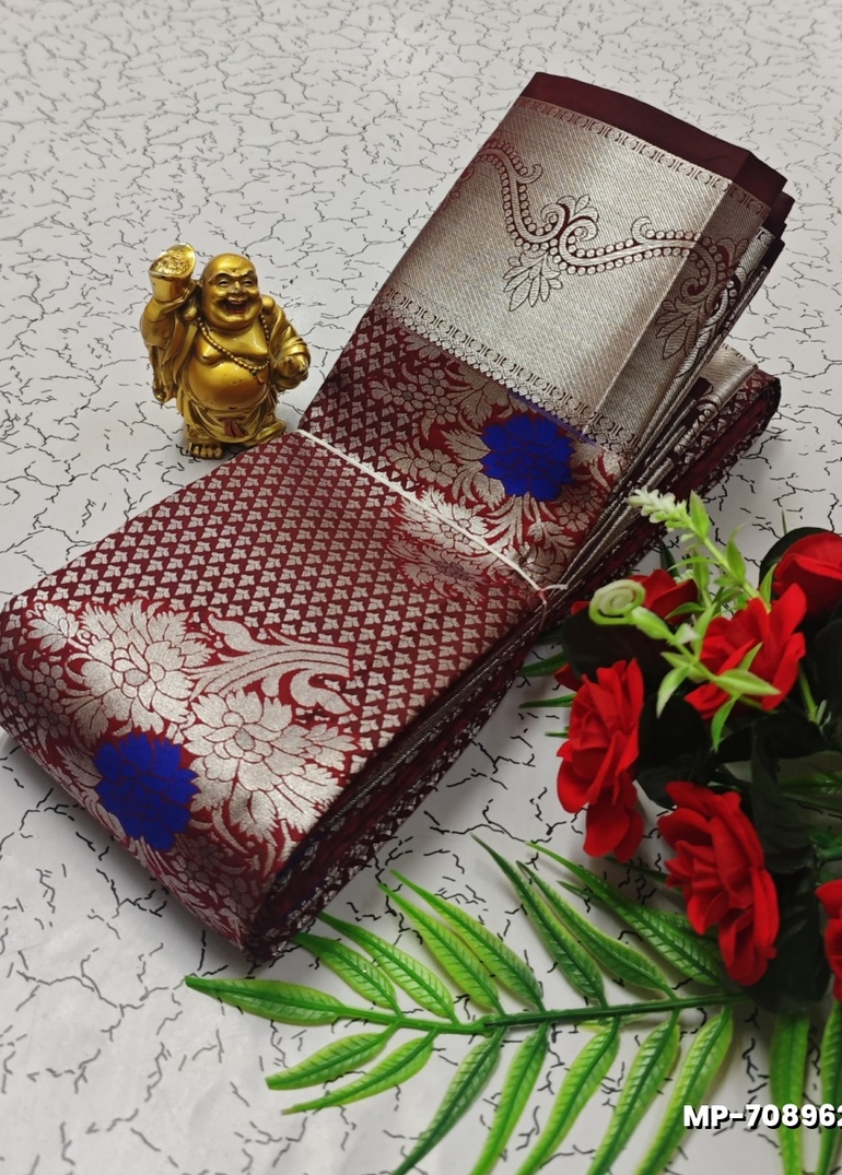BRIDAL SILK GOLD SILVAR AND COPPER ZARI WEAVE AND WEDDING ART SILK SUBA MUHURTHA PATTU SAREES - MAROON COLOR (1)