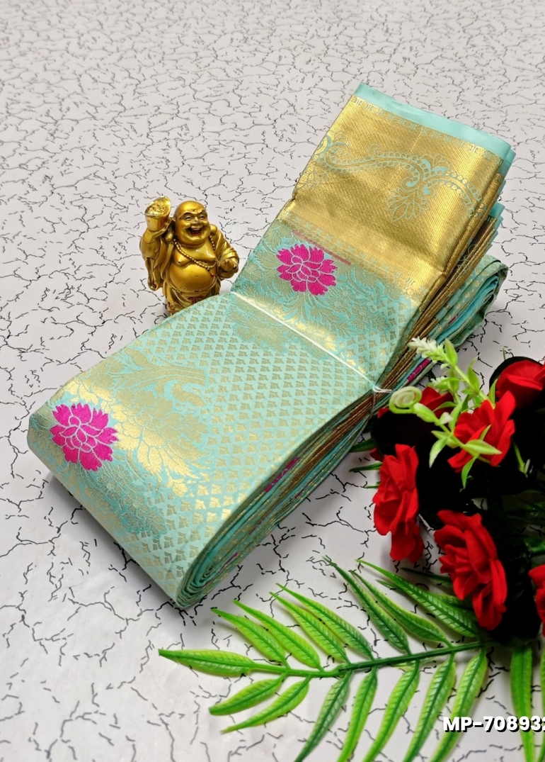 BRIDAL SILK GOLD SILVAR AND COPPER ZARI WEAVE AND WEDDING ART SILK SUBA MUHURTHA PATTU SAREES - LIGHT SKY BLUE (1)