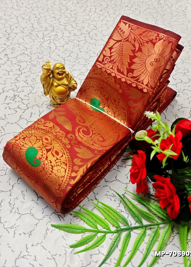 BRIDAL SILK GOLD SILVAR AND COPPER ZARI WEAVE AND WEDDING ART SILK SUBA MUHURTHA PATTU SAREES - MERUN (1)