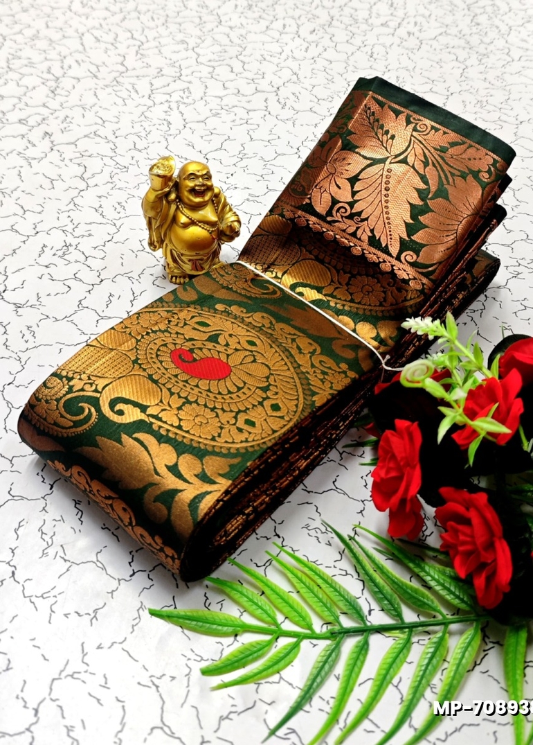 BRIDAL SILK GOLD SILVAR AND COPPER ZARI WEAVE AND WEDDING ART SILK SUBA MUHURTHA PATTU SAREES - DARK GREEN (1)