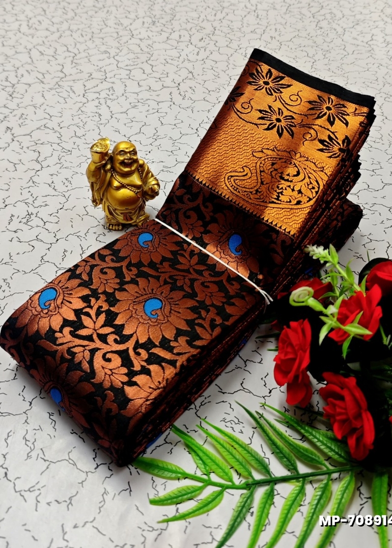 BRIDAL SILK GOLD SILVAR AND COPPER ZARI WEAVE AND WEDDING ART SILK SUBA MUHURTHA PATTU SAREES - BLACK (1)