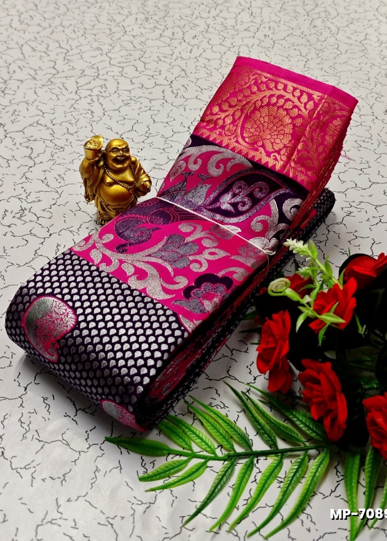 BRIDAL SILK GOLD SILVAR AND COPPER ZARI WEAVE AND WEDDING ART SILK SUBA MUHURTHA PATTU SAREES - INDIGO COLOUR (1)