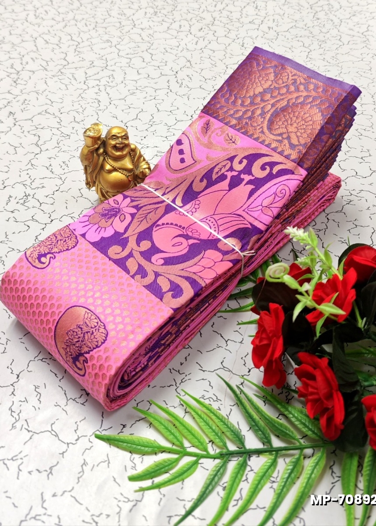 BRIDAL SILK GOLD SILVAR AND COPPER ZARI WEAVE AND WEDDING ART SILK SUBA MUHURTHA PATTU SAREES - BABY PINK (1)
