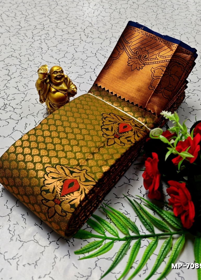 BRIDAL SILK GOLD SILVAR AND COPPER ZARI WEAVE AND WEDDING ART SILK SUBA MUHURTHA PATTU SAREES - OLIVE GREEN (1)