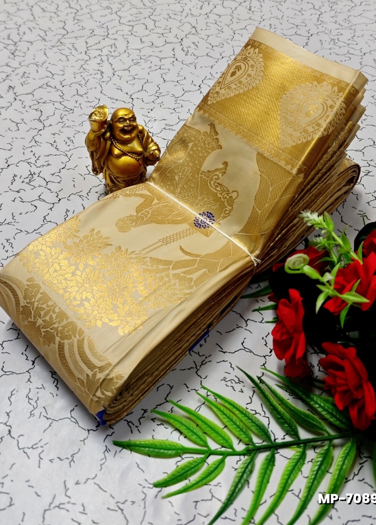 BRIDAL SILK GOLD SILVAR AND COPPER ZARI WEAVE AND WEDDING ART SILK SUBA MUHURTHA PATTU SAREES - GOLD (1)