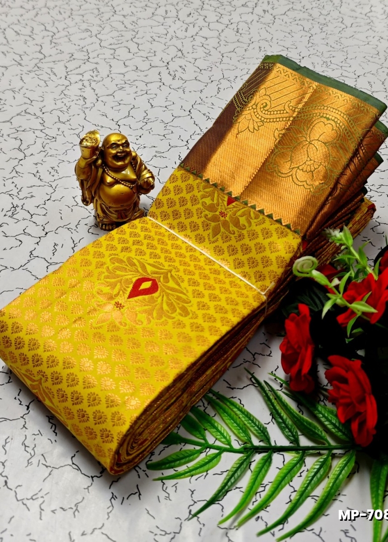 BRIDAL SILK GOLD SILVAR AND COPPER ZARI WEAVE AND WEDDING ART SILK SUBA MUHURTHA PATTU SAREES - YELLOW (1)