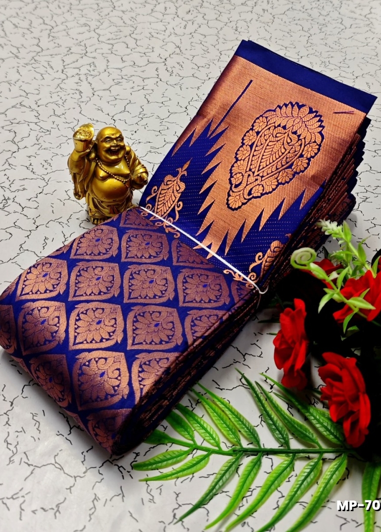 BRIDAL SILK GOLD SILVAR AND COPPER ZARI WEAVE AND WEDDING ART SILK SUBA MUHURTHA PATTU SAREES - R BLUE (1)