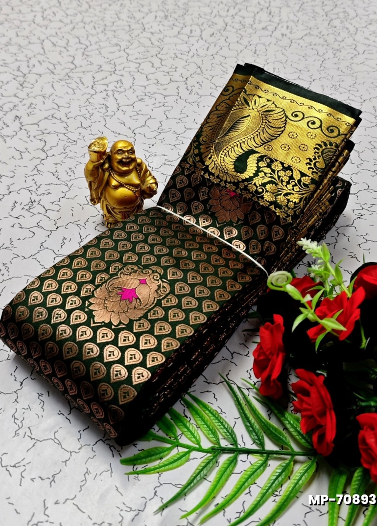 BRIDAL SILK GOLD SILVAR AND COPPER ZARI WEAVE AND WEDDING ART SILK SUBA MUHURTHA PATTU SAREES - BOTTLE GREEN (1)