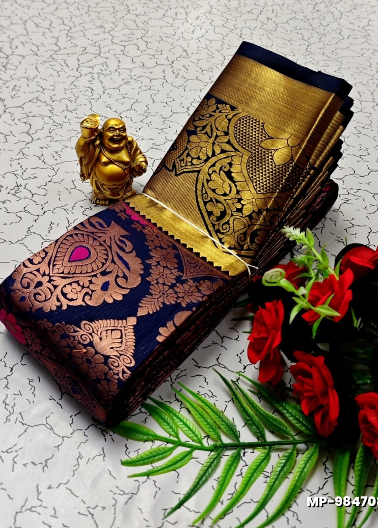 BRIDAL SILK GOLD SILVAR AND COPPER ZARI WEAVE AND WEDDING ART SILK SUBA MUHURTHA PATTU SAREES - NAVY COLOUR (2)