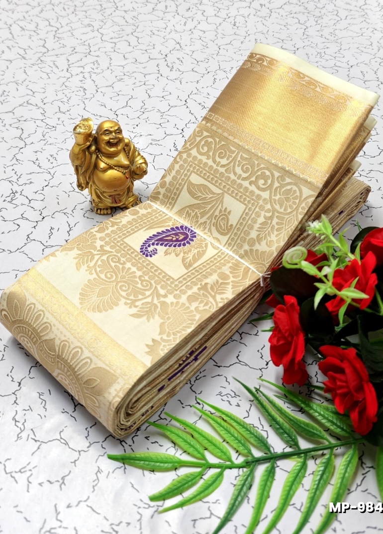 BRIDAL SILK GOLD SILVAR AND COPPER ZARI WEAVE AND WEDDING ART SILK SUBA MUHURTHA PATTU SAREES - OFF WHITE (2)