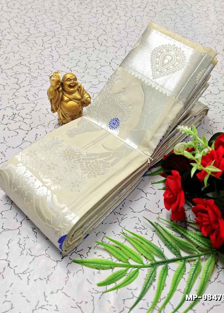 BRIDAL SILK GOLD SILVAR AND COPPER ZARI WEAVE AND WEDDING ART SILK SUBA MUHURTHA PATTU SAREES - WHITE N (2)