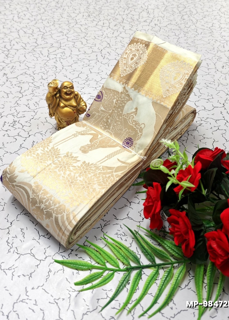 BRIDAL SILK GOLD SILVAR AND COPPER ZARI WEAVE AND WEDDING ART SILK SUBA MUHURTHA PATTU SAREES - WHITE (1)