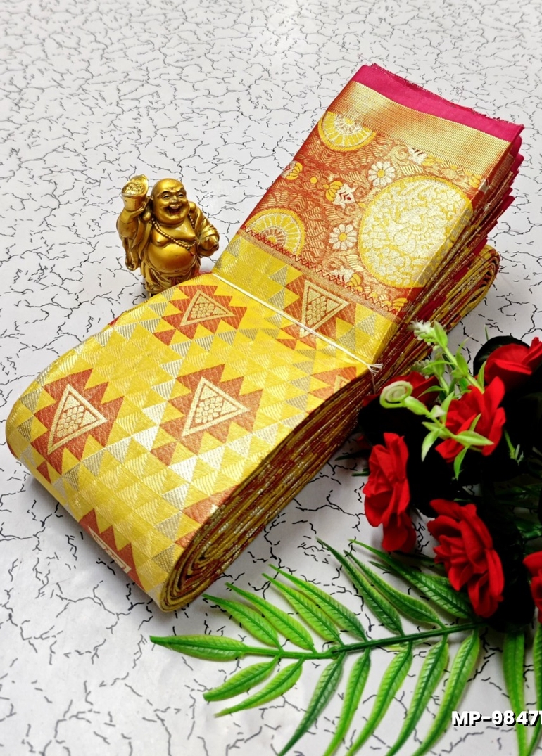 BRIDAL SILK GOLD SILVAR AND COPPER ZARI WEAVE AND WEDDING ART SILK SUBA MUHURTHA PATTU SAREES - YELLOW (2)