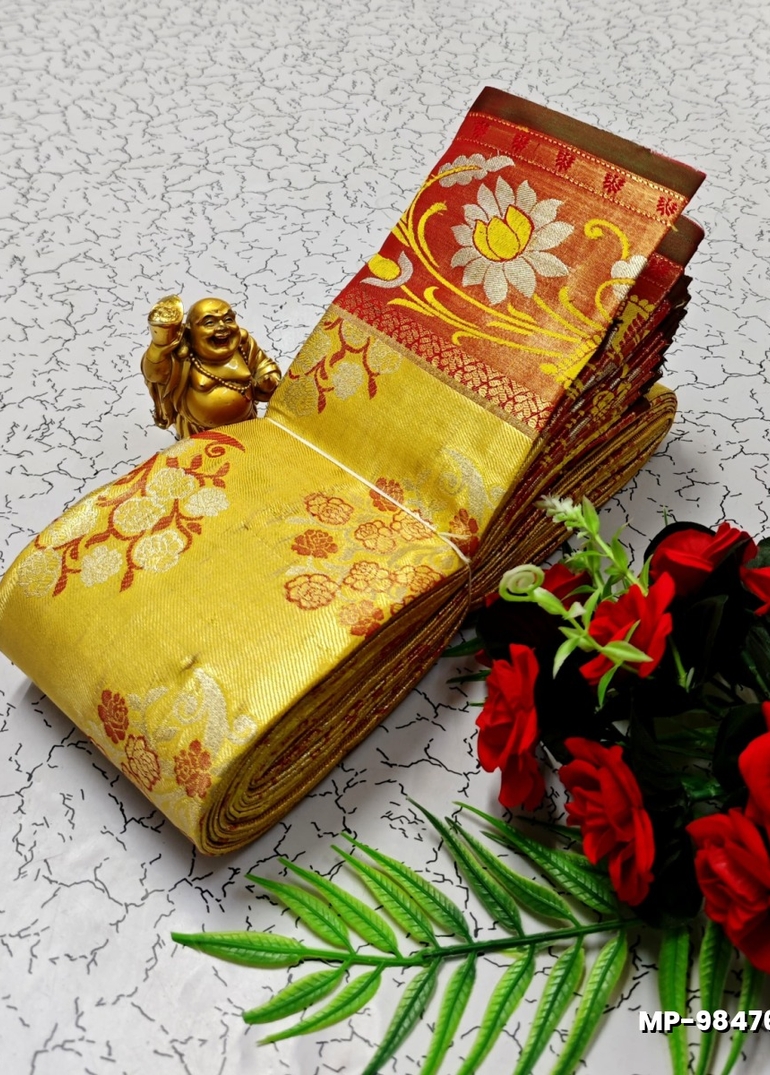 BRIDAL SILK GOLD SILVAR AND COPPER ZARI WEAVE AND WEDDING ART SILK SUBA MUHURTHA PATTU SAREES - YELLOW COLOR