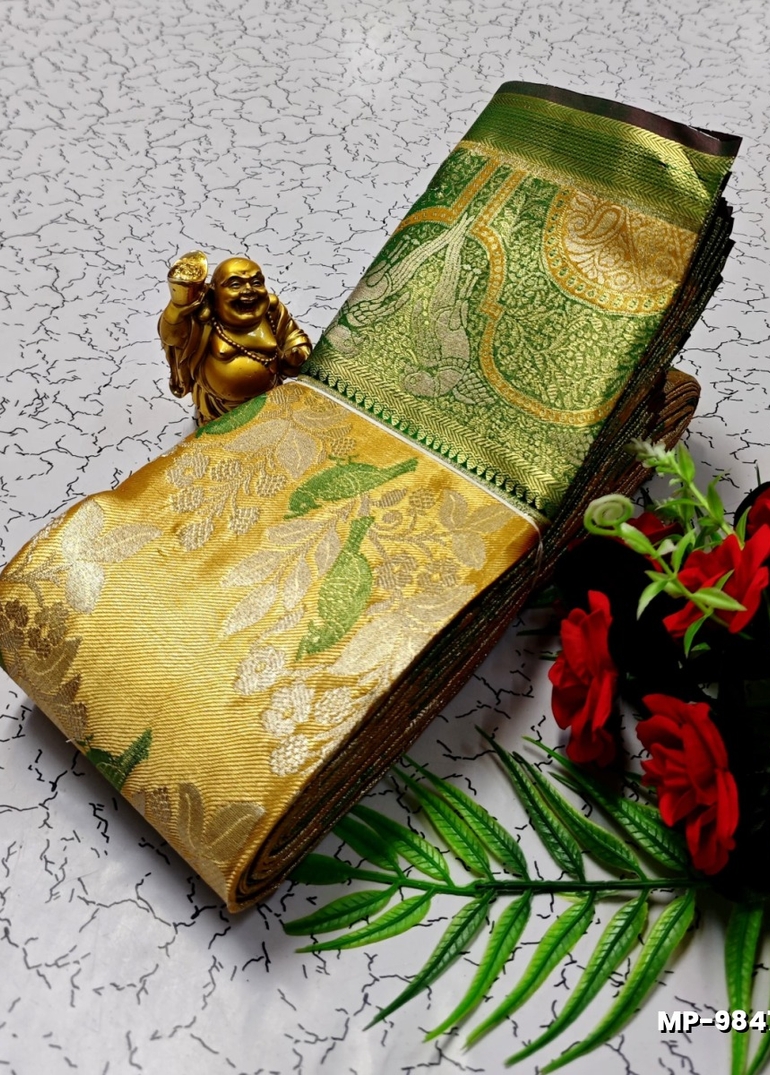 BRIDAL SILK GOLD SILVAR AND COPPER ZARI WEAVE AND WEDDING ART SILK SUBA MUHURTHA PATTU SAREES - GOLD COLOUR