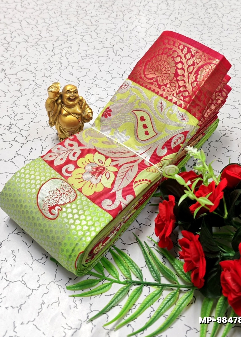 BRIDAL SILK GOLD SILVAR AND COPPER ZARI WEAVE AND WEDDING ART SILK SUBA MUHURTHA PATTU SAREES - FLORAISON GREEN (2)