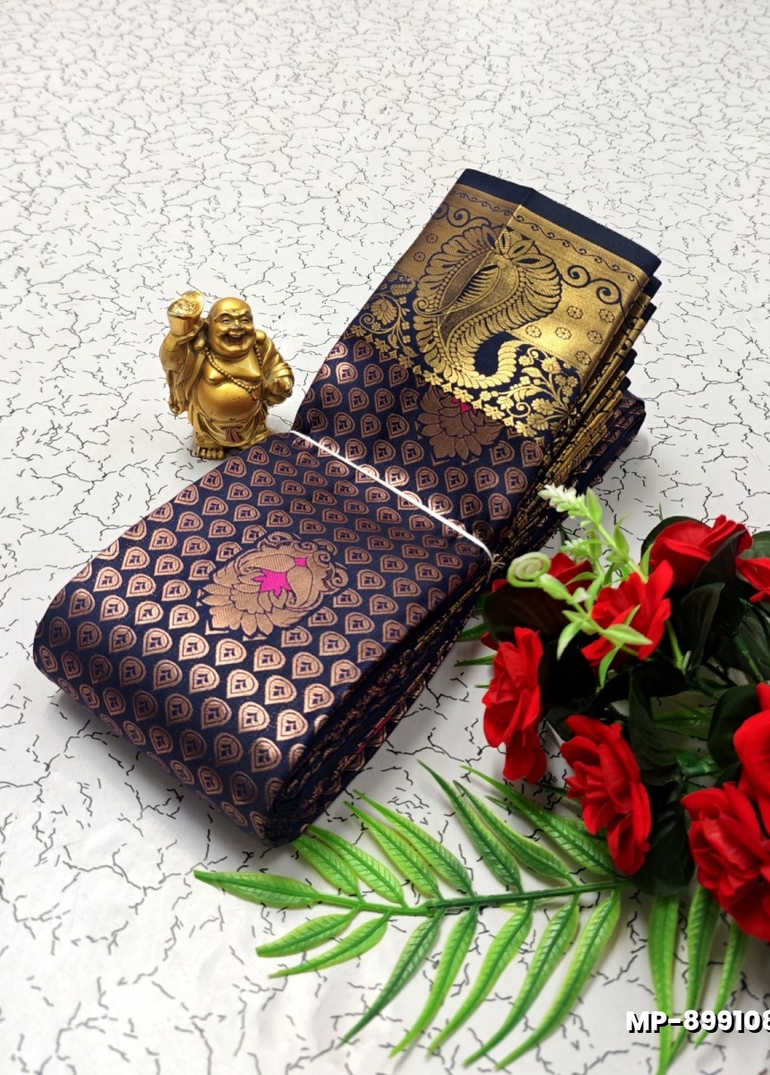 BRIDAL SILK GOLD SILVAR AND COPPER ZARI WEAVE AND WEDDING ART SILK SUBA MUHURTHA PATTU SAREES - NAVY COLOUR (3)