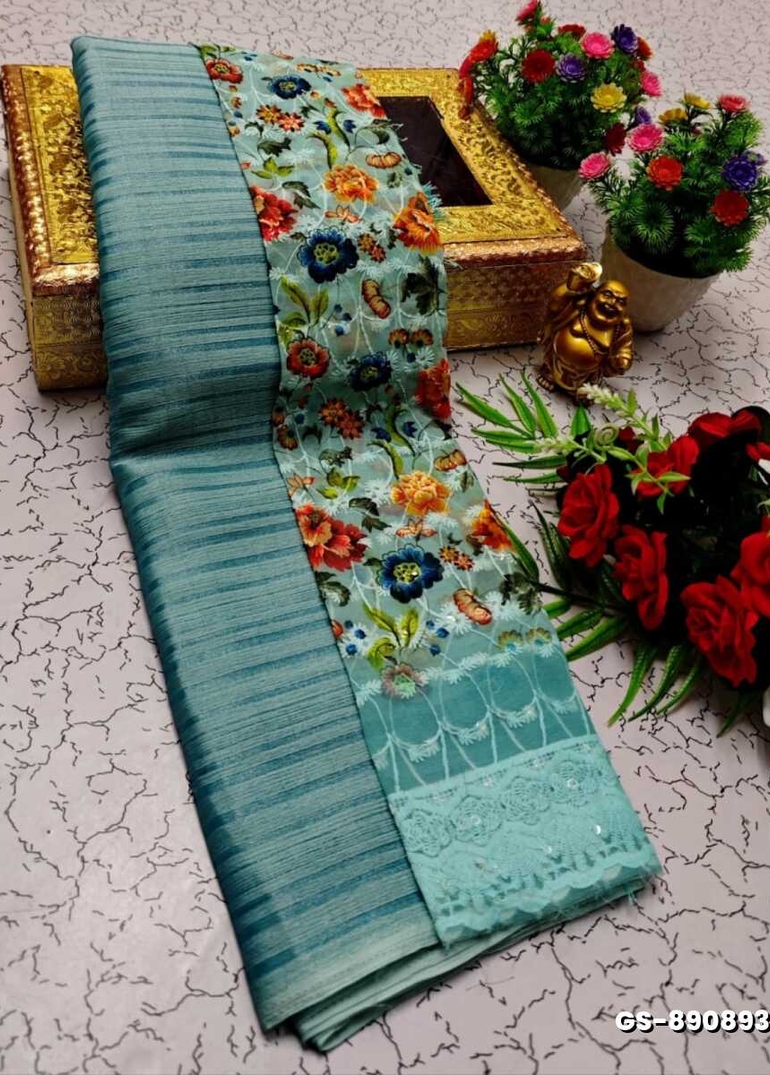 GEORGETTE FANCY SOFT SILK SAREES WITH BLOUSE MODERN FANCY ITEM SAREES - TURQUOISE GREEN
