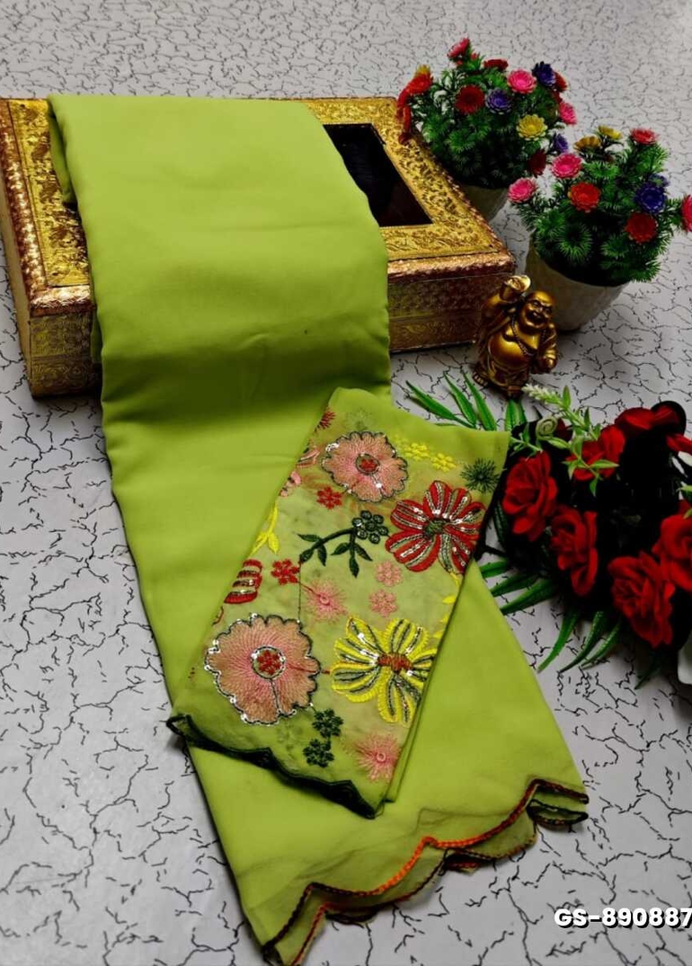 GEORGETTE FANCY SOFT SILK SAREES WITH BLOUSE MODERN FANCY ITEM SAREES - FLORAISON GREEN (2)